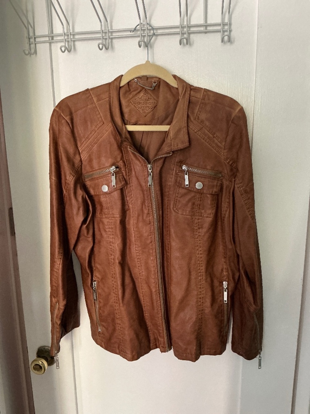 Boutique Cognac Faux Leather 2X Moto Jacket | Zip Front & Zip Cuff Details